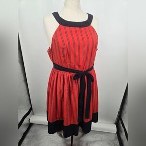 Yellow Star Red Vertical Striped Halter Mini Dress with Black Trim 1X